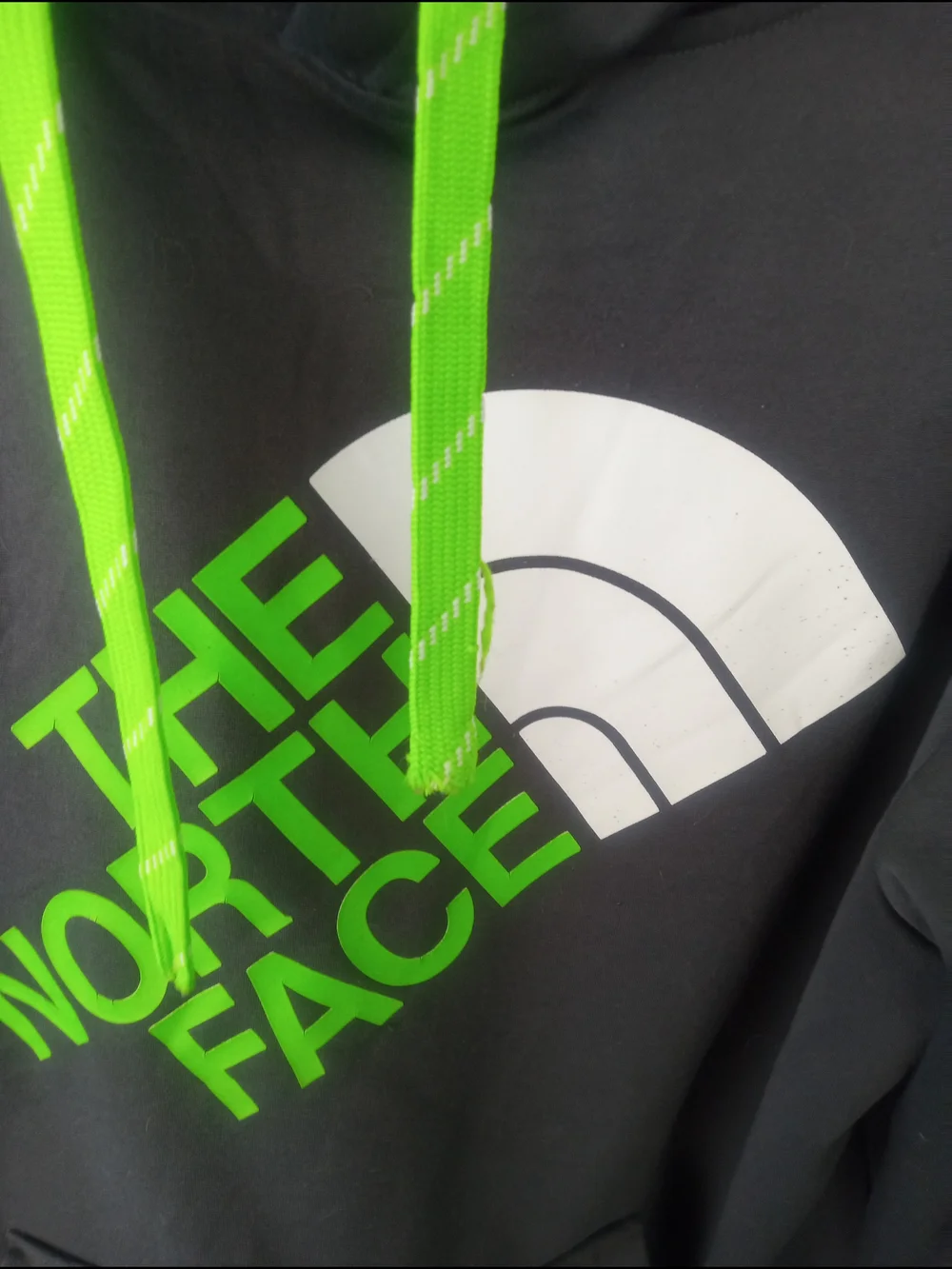 The North Face Charcoal Hoodie with Neon Green Logo and Drawstrings